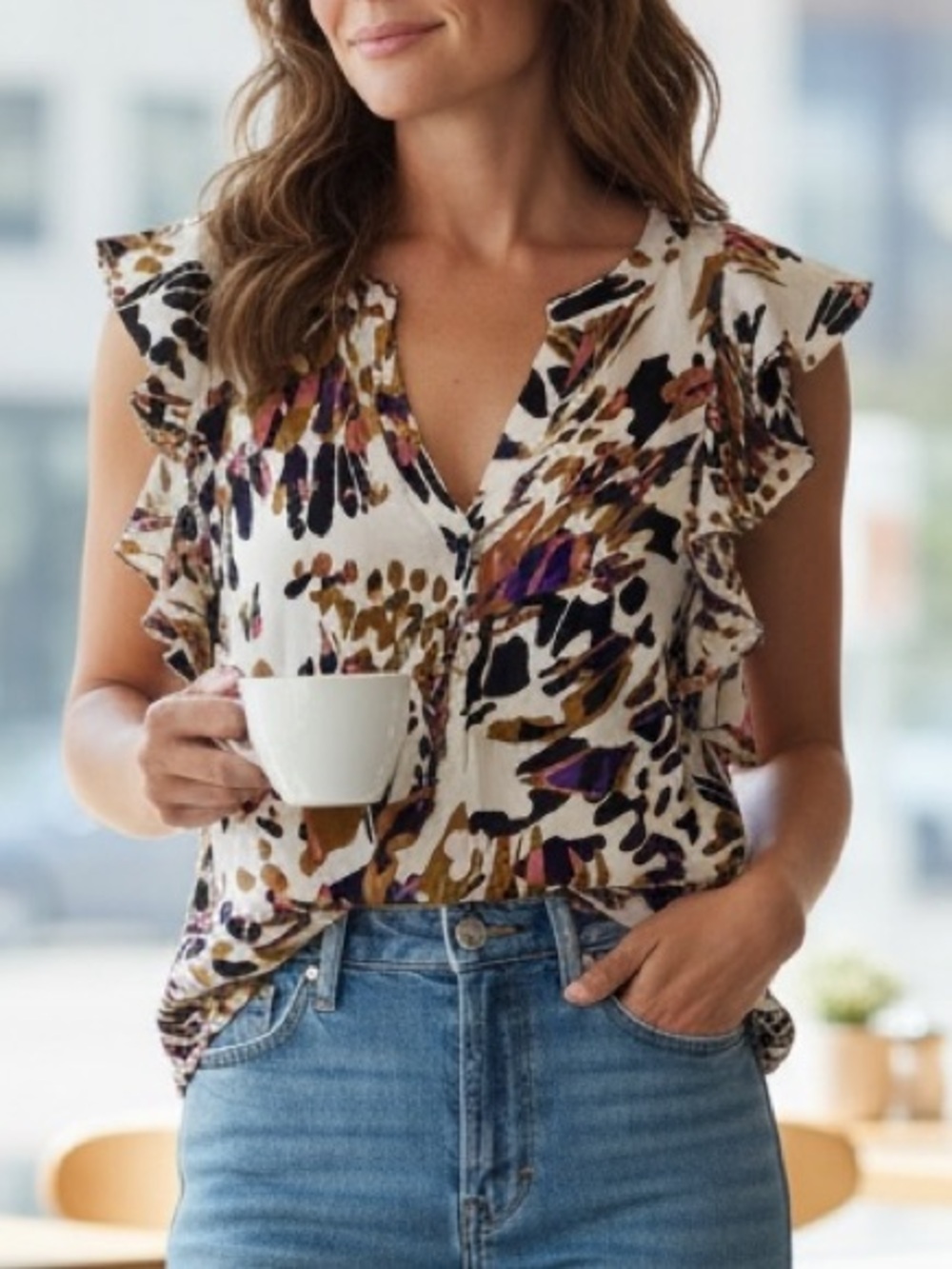 Tibi Silk Abstract Flutter Sleeve Top Sz. 0